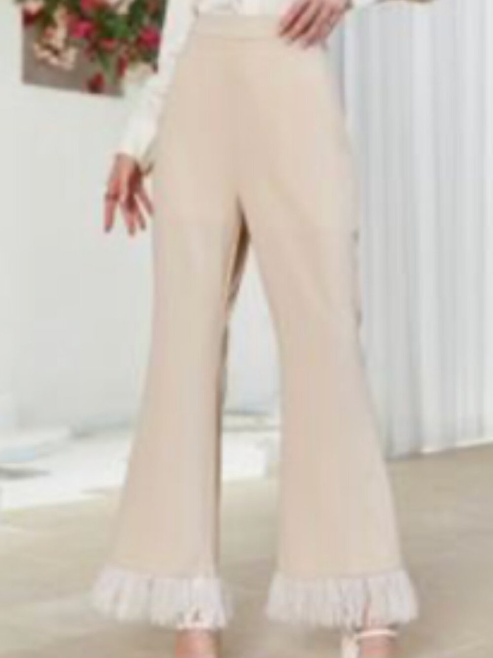 Shein Sand Beige Tulle White Gold Fringe Trim Flat Front Ankle Pant
